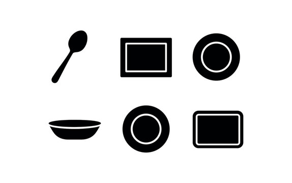flat black solid icon items isolated on white background spoon handle silver stem scoop bowl table mat soup plate dining tray