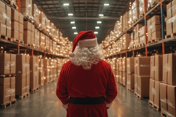 Santa Claus figure in a festive warehouse, surrounded by stacked boxes and twinkling lights, creating a magical holiday atmosphere with a sense of anticipation and joy