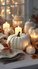 White pumpkin centerpiece surrounded by candles, autumn leaves, and decorative gourds on a rustic table, creating a warm and inviting fall atmosphere for seasonal gatherings
