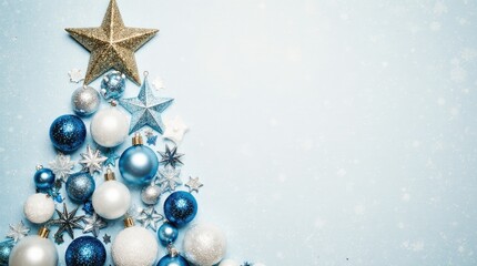 Festive arrangement of blue and white Christmas ornaments, including stars and snowflakes, creating a decorative tree shape on a soft blue background with copy space