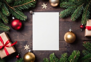 Festive holiday scene featuring a blank white sheet surrounded by evergreen branches, red and gold ornaments, and wrapped gifts, creating a cozy seasonal atmosphere with copy space