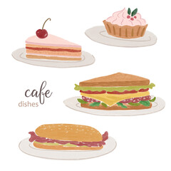 Hand drawn watercolor and gouache illustrations, set of cafe dishes. Cake, pie piece, sandwiches simple stylised drawing. 