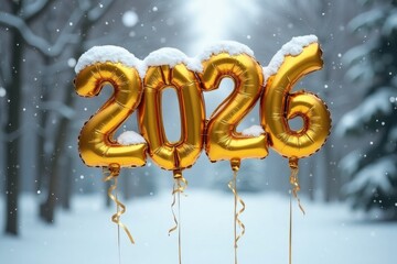 Golden balloons shaped as numbers 2026 are displayed in a snowy winter landscape, surrounded by trees, creating a festive atmosphere for New Year celebrations