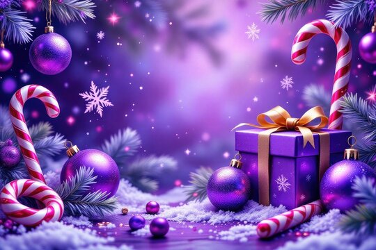 Festive holiday scene featuring a beautifully wrapped purple gift box adorned with a golden ribbon, surrounded by colorful ornaments and candy canes on a snowy backdrop