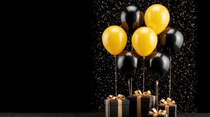 Colorful balloons in black and yellow shades float above beautifully wrapped gift boxes, creating a festive atmosphere for celebrations and special occasions with a touch of elegance