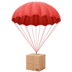 Obraz premium Fast Order Delivery of One Cardboard Package with Parachute Isolated on White or Transparent Background