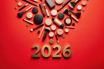 Flat lay arrangement of various beauty products and tools on vibrant red background, featuring the year 2026, symbolizing trends in cosmetics and makeup artistry