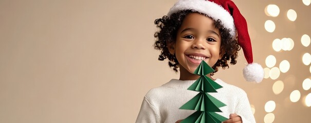 Young child with curly hair wearing a festive Santa hat, joyfully holding a green paper Christmas tree, surrounded by soft glowing lights, capturing the spirit of holiday cheer and creativity