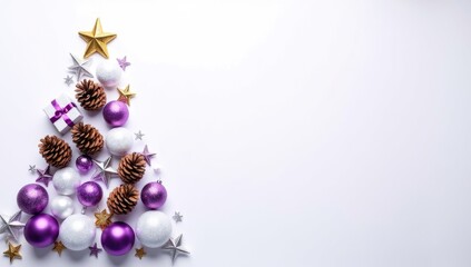 Festive arrangement of purple, silver, and white Christmas ornaments, pine cones, and stars creatively shaped into a Christmas tree design on a clean white background with copy space