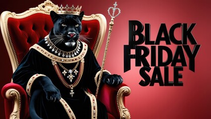 Majestic black panther adorned in royal attire, seated on an ornate throne, exuding elegance and power, promoting a festive shopping event with bold typography