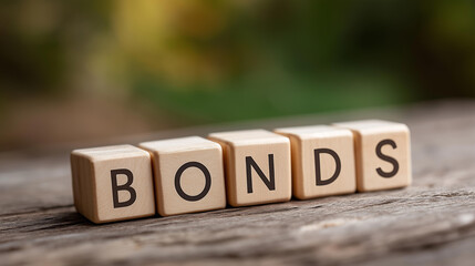 Wooden blocks spelling "bonds" with market data, economic prosperity in investment strategies, market vitality through bond markets, investment opportunities in financial planning,