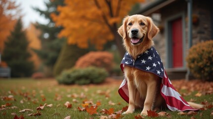 Golden retriever wearing an American flag cape sits proudly in a vibrant autumn yard surrounded by colorful leaves and a cozy home in the background, showcasing a festive atmosphere