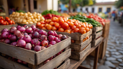Naklejka na ściany i meble Traditional Mexican plaza with crates of peppers, onions, and tomatoes, economic prosperity in local trade, market vitality through fresh produce, agricultural abundance in cultura