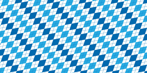 Argyle rhombus seamless pattern. Christmas plaid texture with silver line. Blue geometric diamond abstract pattern. Mans and boys design wrapping bg. Vector illustration isolated on white background.