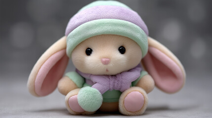 Niedlicher Pl&uuml;schhase in Pastell mit M&uuml;tze