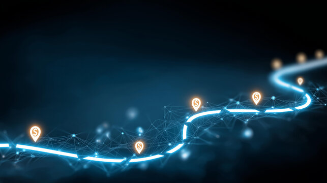 Glowing trail with milestone markers, economic prosperity in project tracking, market vitality through roadmap visuals, investment opportunities in business journeys, consumer enga