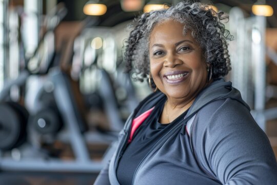 Smiling senior woman in gym workout attire