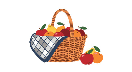 A woven basket overflowing with ripe juicy apples and pears sits on a white background with some fruit outside.