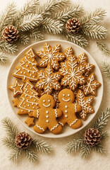 Delicious sweet cookies, gingerbread men, Christmas trees and snowflakes with white glaze, with green branches of the Christmas tree and New Year's decor
