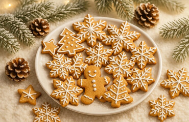Delicious sweet cookies, gingerbread men, Christmas trees and snowflakes with white glaze, with green branches of the Christmas tree and New Year's decor