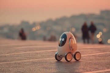 A charming futuristic robot traversing an urban street at warm sunset light.