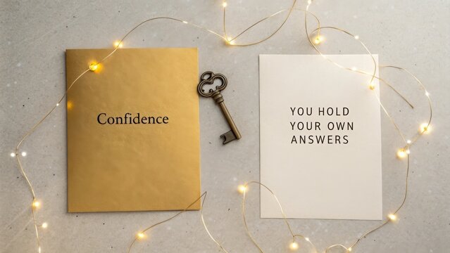 Gold envelope with "Confidence," key, & card saying "You hold your own answers" w/ string lights