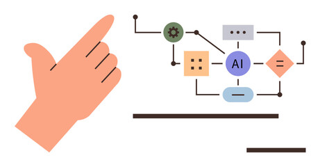 Hand gesture interacting with AI flowchart featuring nodes for automation, logic, and decision-making. Ideal for artificial intelligence, innovation, technology, system design, software, teamwork