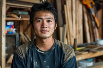Fototapeta premium Young man posing in a workshop with wooden materials