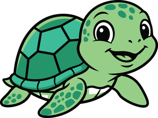 Happy cartoon sea turtle swimming with a big smile and green shell on white background animal cute