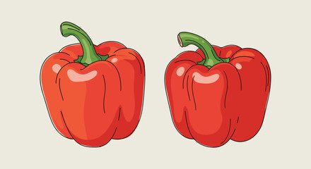 Two ripe red bell peppers with green stems on a light background.