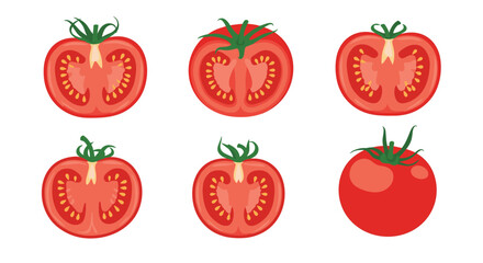 Fresh ripe red tomatoes half cut showing seeds and skin texture whole fruit included.