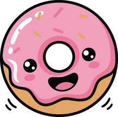 Fototapeta premium Kawaii pink frosted donut with sprinkles and a happy face on white background doughnut food