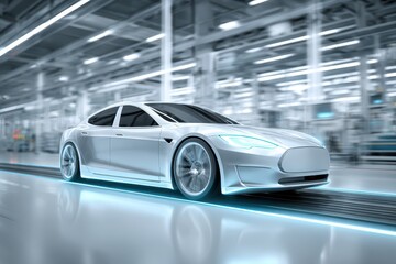 Obraz premium A modern silver electric car moving quickly on a futuristic factory production line.
