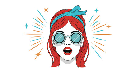 A glamorous retro woman with bright red hair and blue headband wears round steampunk goggles and looks surprised and excited. .
