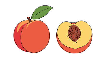 A whole juicy peach with a green leaf and a peach cut in half revealing its pit and flesh.