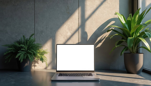 Modern silver laptop with blank screen on dark concrete surface. Bright sun light streams across textured wall, creating striking shadows. Two green potted plants frame computer. Minimalist home