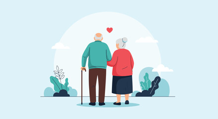 An elderly couple holding hands and walking together in nature with a small heart above them.