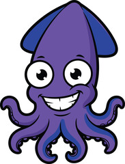 Fototapeta premium Smiling purple cartoon squid with big eyes and tentacles on white background octopus sea creature