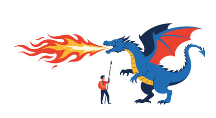 A brave adventurer stands against a fire-breathing blue dragon while holding a spear.
