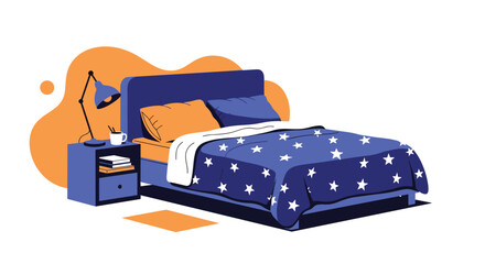 A cozy bedroom featuring a bed with a starry comforter and a bedside table.