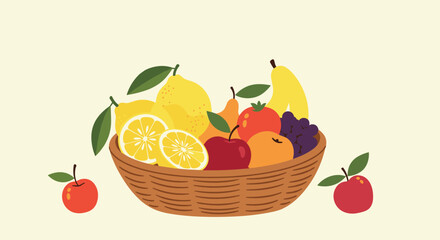 A delightful assortment of fresh fruits in a woven basket with two red apples on the side.