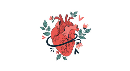 An anatomical heart illustration with floral accents and organic vine elements entwined around it.
