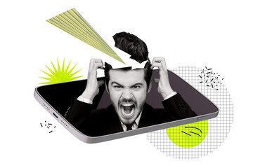 Creative collage picture annoyed irritated outraged businessman smartphone screen device head crack...