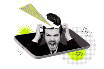 Creative collage picture annoyed irritated outraged businessman smartphone screen device head crack mind internet media brainwashing