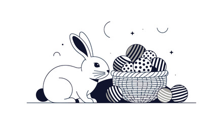 A delightful illustration of a bunny near a basket full of patterned Easter eggs.