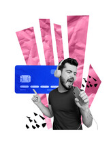 Vertical poster collage young man dance funky joyful entertainment credit card cashless payment method banking nfc music listener