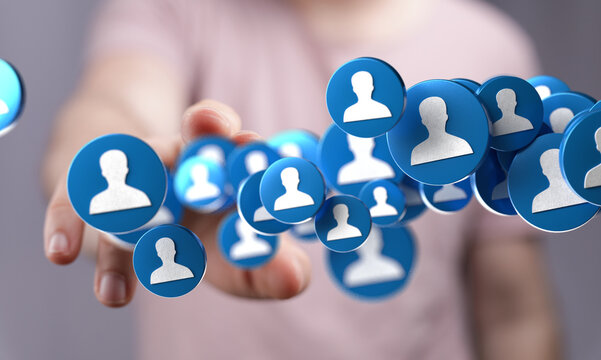 Hand reaching for blue profile icons. Social media, networking, connection concept. - Powered by Adobe