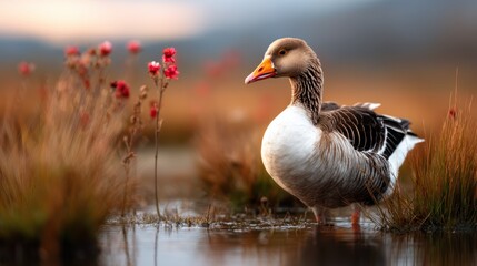 Fototapeta premium A graceful goose stands proudly in a serene wetland, surrounded by blooming flowers, showcasing the beauty of wildlife and nature in a tranquil setting.