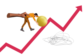 Composite trend artwork sketch image collage of arrow trader money coins stats business growth hand hold young man carry penny up high