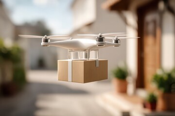 Obraz premium White drone carrying a package, symbolizing the future of modern logistics.